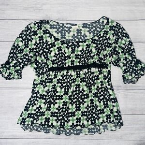Max Studio‎ Black Green Floral Empire Waist Baby Doll Shirt Women's Size Medium